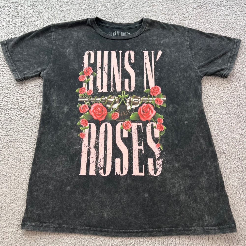 Guns N Roses Mineral Wash Graphic T-Shirt Charcoal Grey Pink Logo Size L